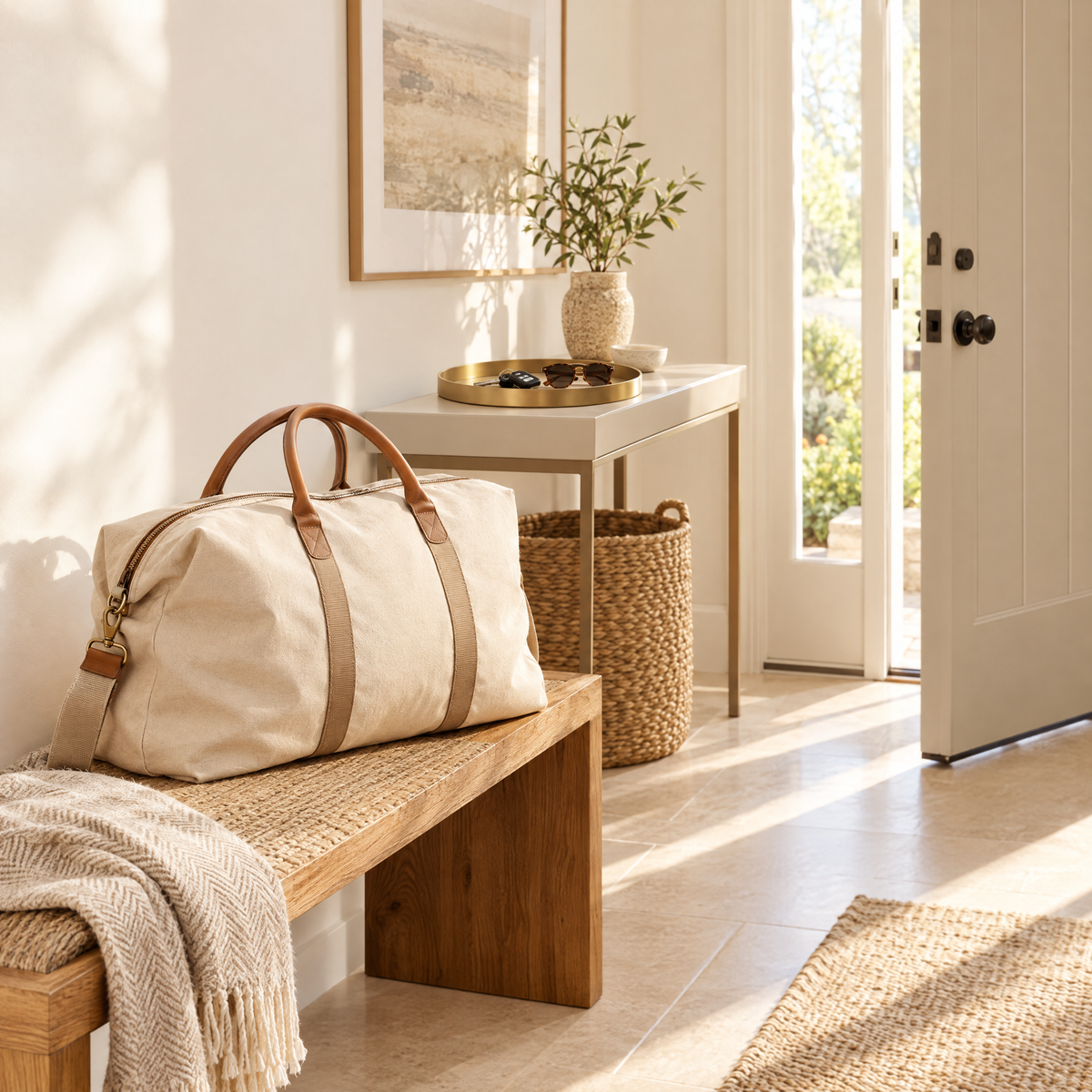 Bright entryway with a packed weekender bag and car keys