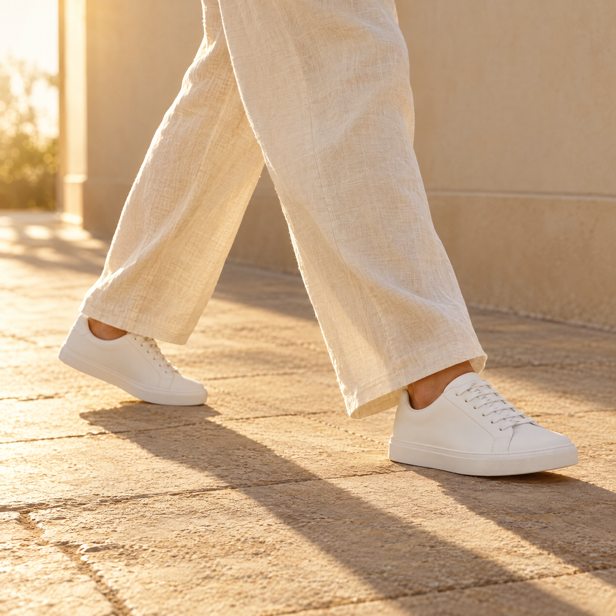 Walking in white sneakers and linen trousers in golden light