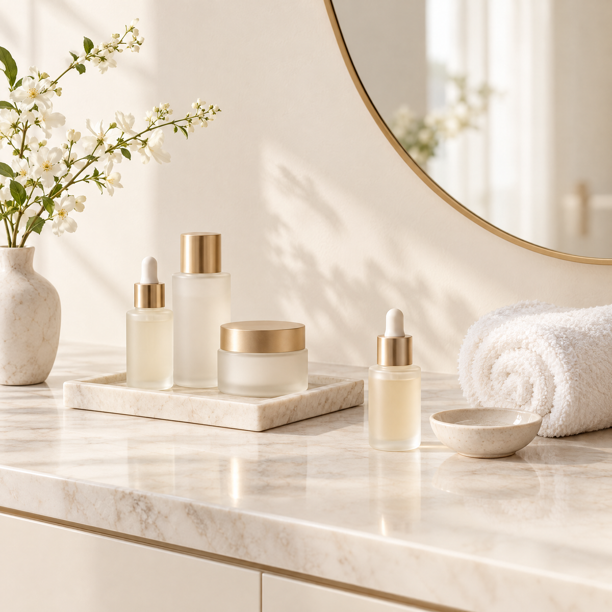 Calm marble vanity with glass jars, towel and fresh flowers