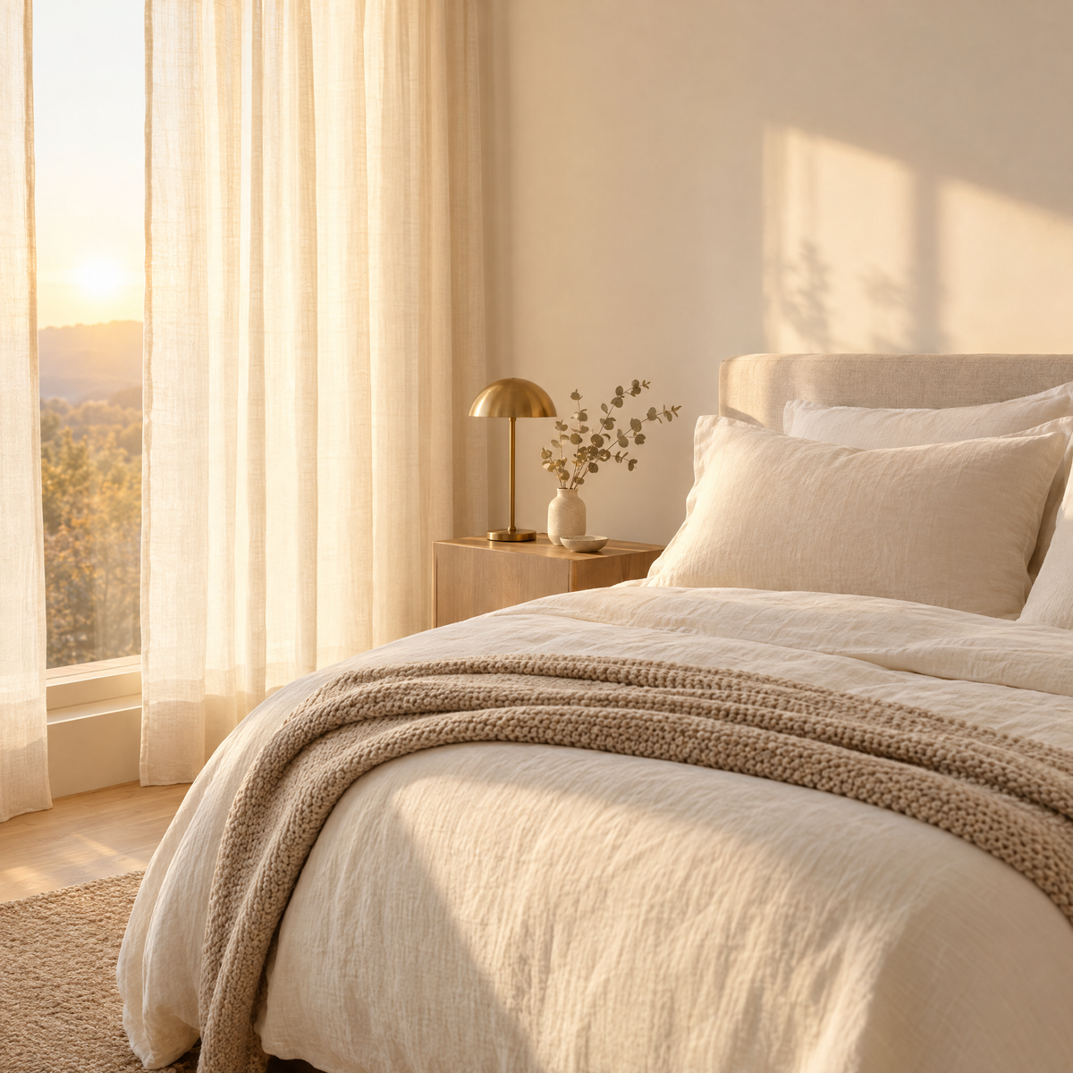 Serene bedroom at sunrise with cream linen bedding