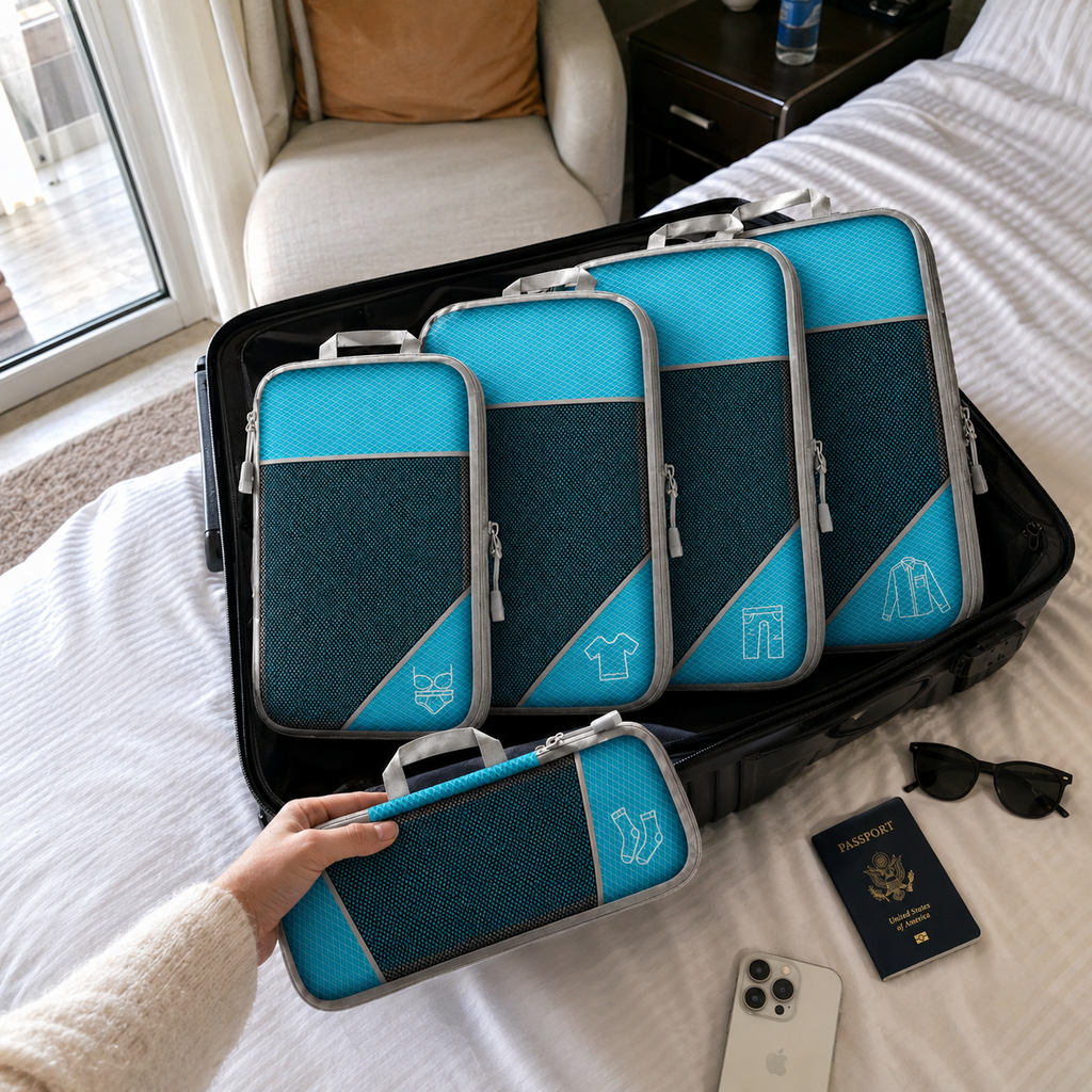 Open suitcase packed with color-coded travel organizer cubes