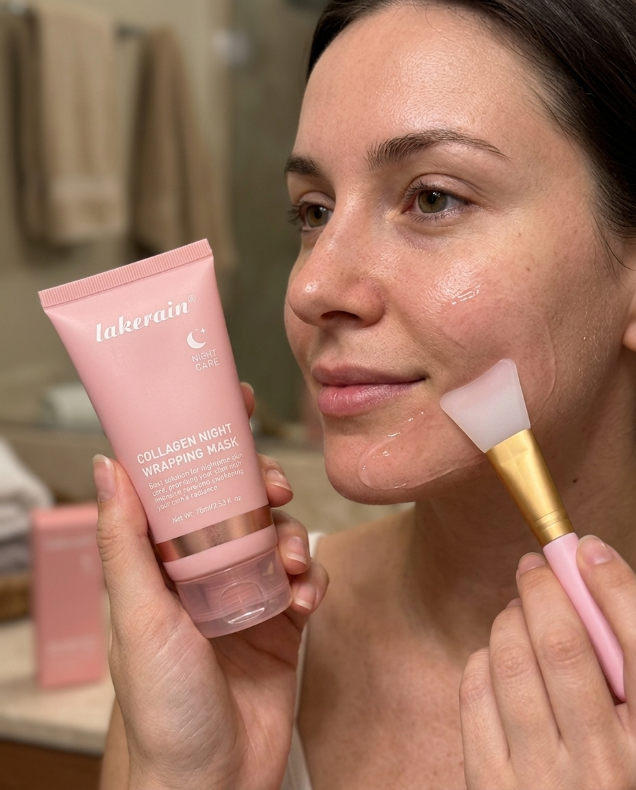 Woman applying Korean collagen overnight mask with the silicone brush along her cheek at night