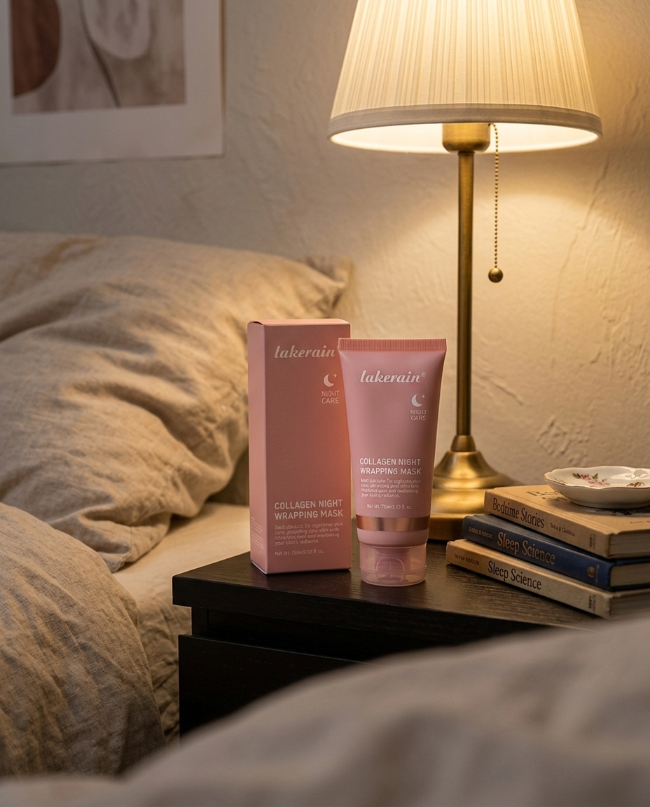 Collagen overnight mask resting on a cozy bedside nightstand with a warm lamp for a nighttime skincare routine