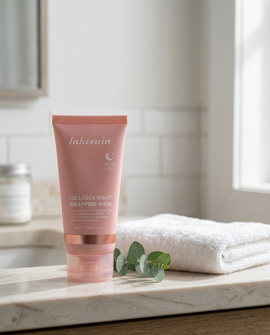 Korean collagen overnight mask tube on a clean bathroom vanity shelf with eucalyptus and a folded towel