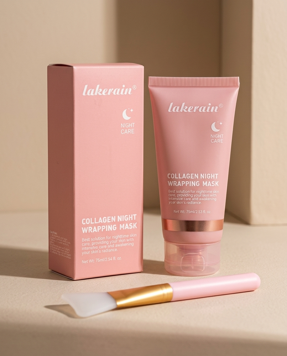 lakerain Korean collagen overnight mask pink tube with box and silicone applicator brush on a soft beige studio background