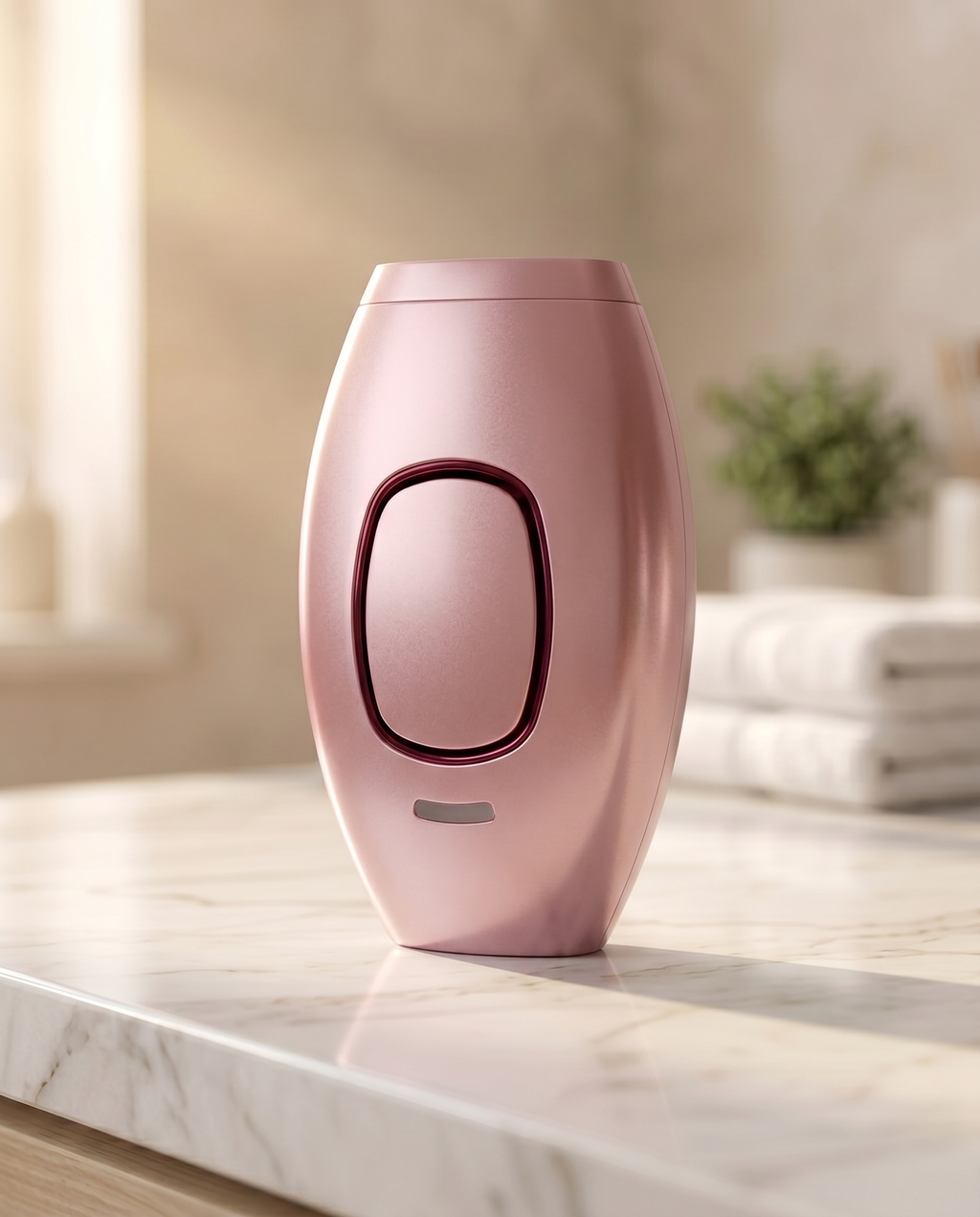 IPL Hair Removal Handset rose pink variant on marble bathroom counter