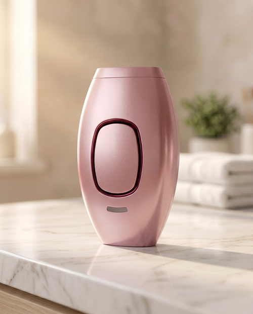 IPL Hair Removal Handset rose pink variant on marble bathroom counter