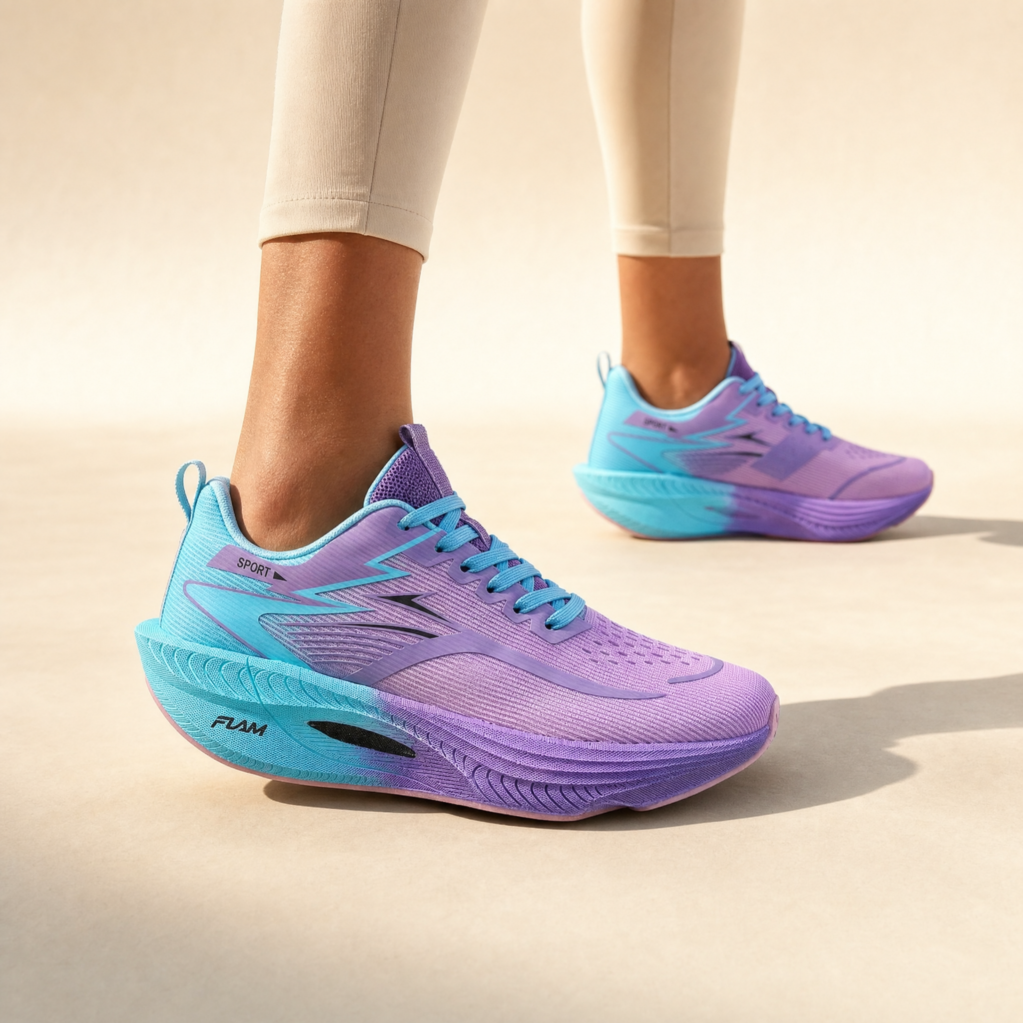 Aqua Violet carbon plate running shoes worn, cream studio
