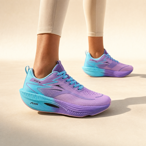Aqua Violet carbon plate running shoes worn, cream studio