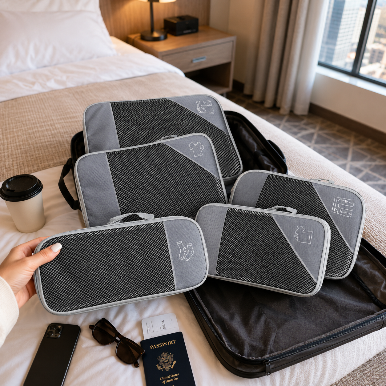 Gray travel packing cubes set organizing folded clothes inside a suitcase
