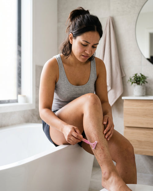 Woman frustrated with razor stubble and skin irritation from shaving