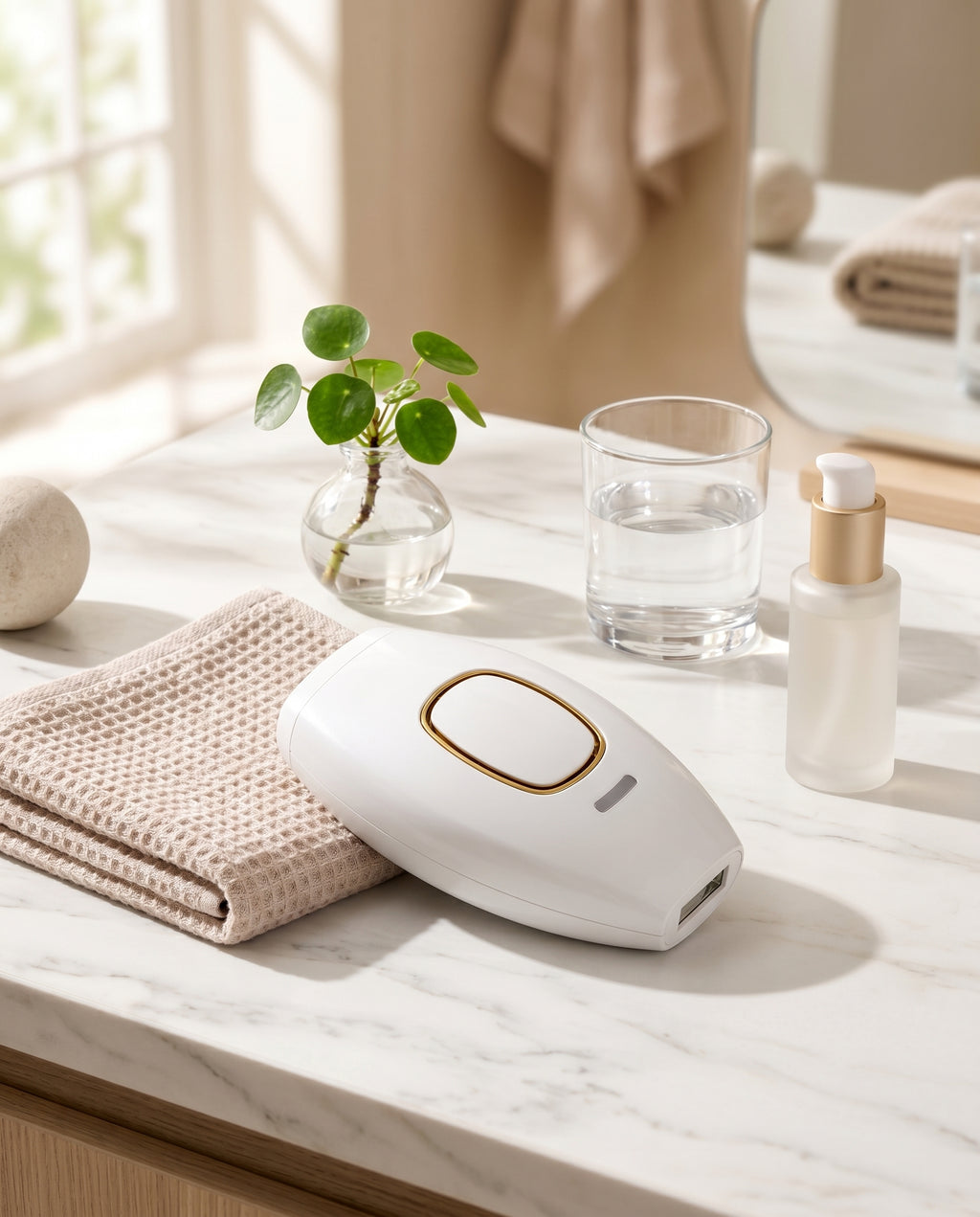 White IPL hair removal handset on marble vanity in spa-like bathroom