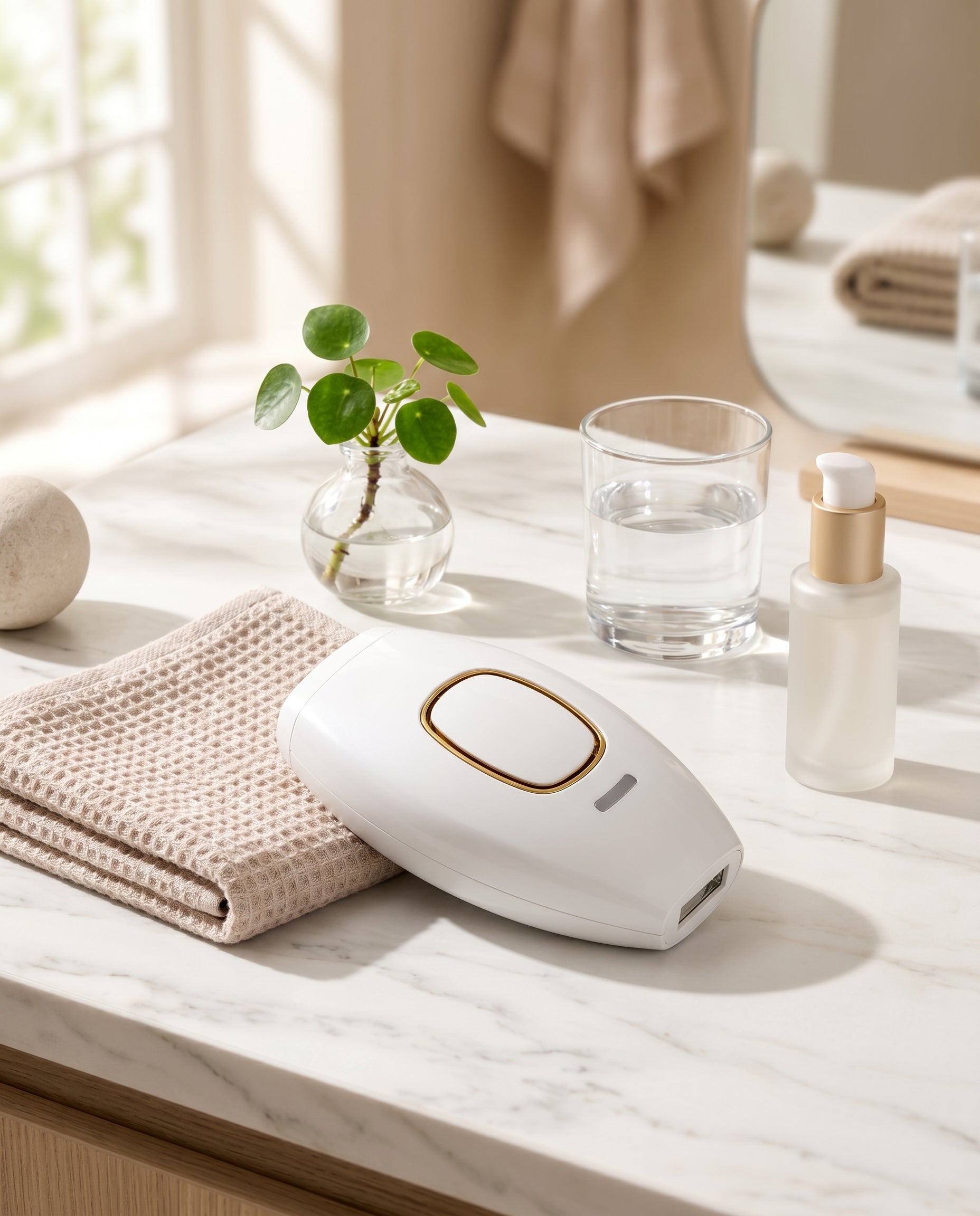 White IPL hair removal handset on marble vanity in spa-like bathroom