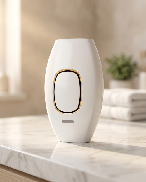 IPL Hair Removal Handset white device on marble bathroom counter