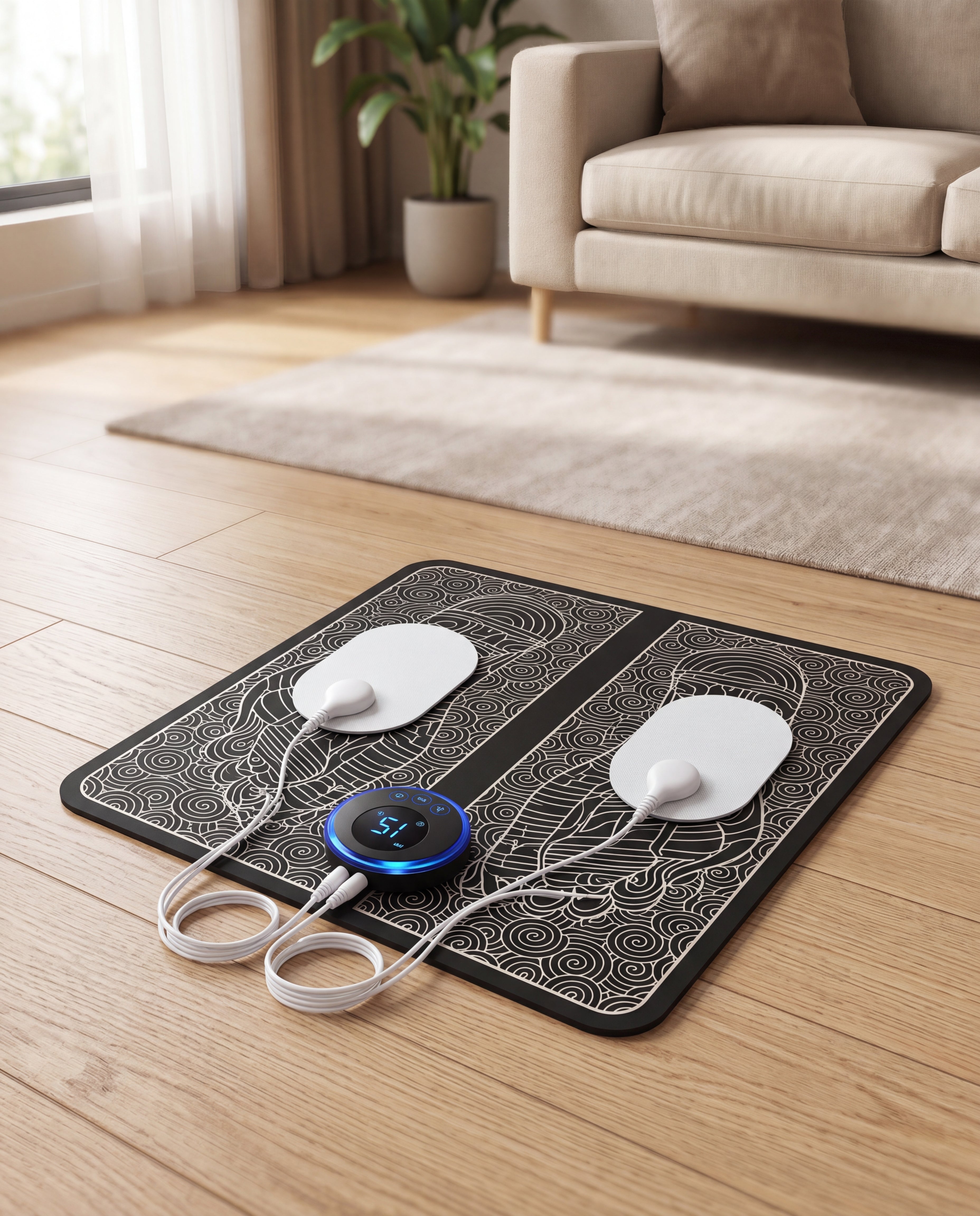 EMS foot massager mat product hero on light wood floor