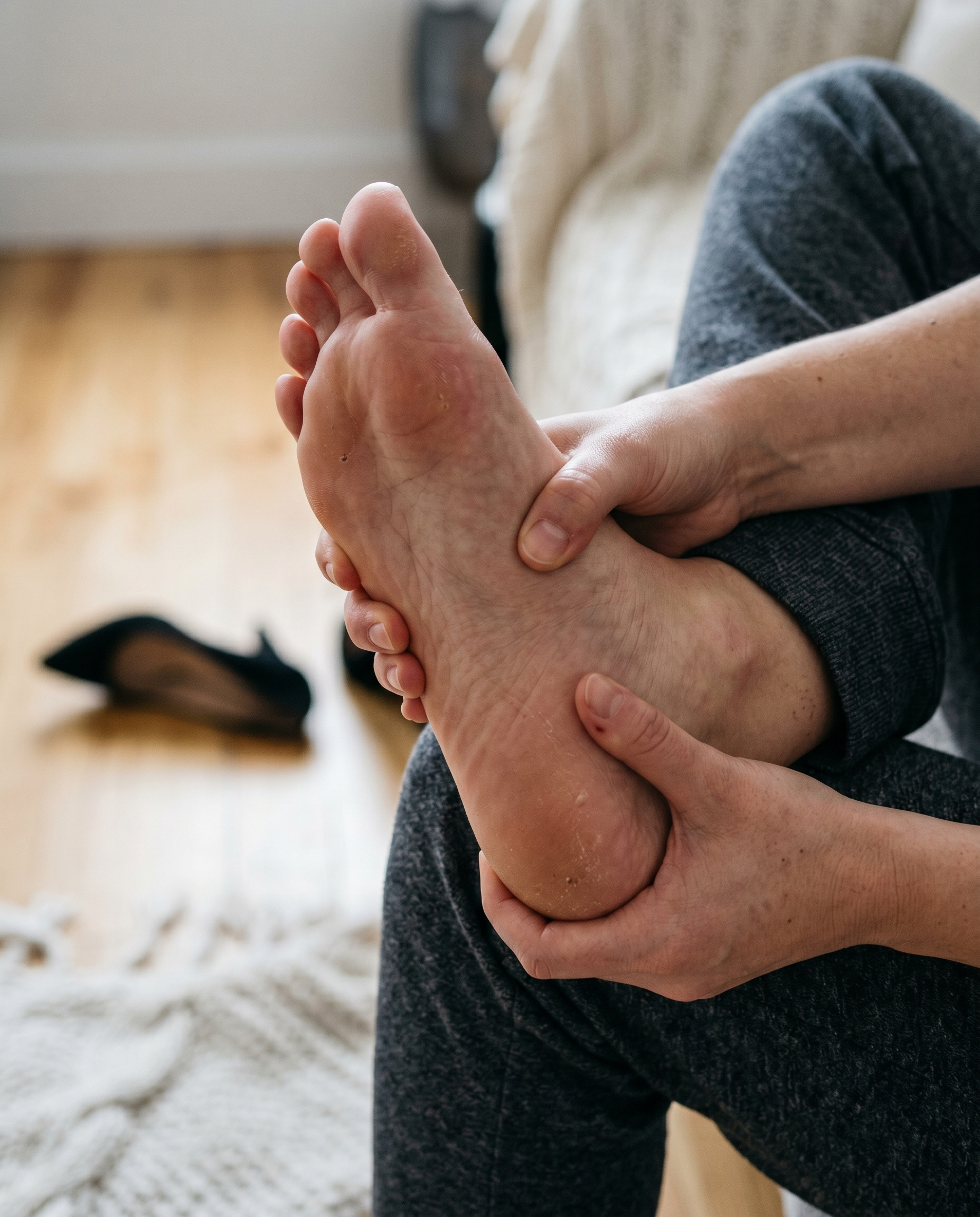 Woman rubbing sore aching foot after long day, heels kicked off