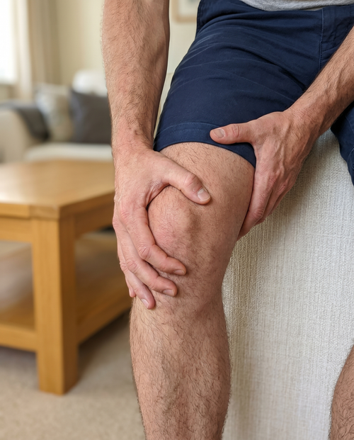 Man clutching his knee in joint pain on couch