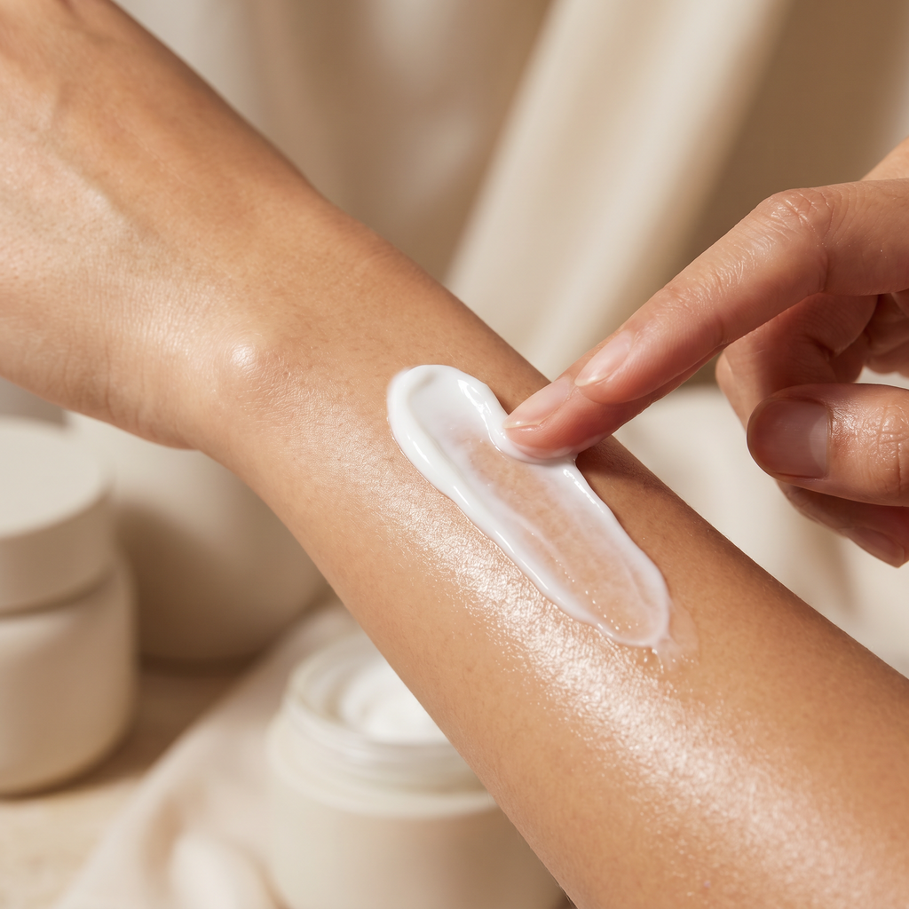 Firming body cream being smoothed onto glowing skin