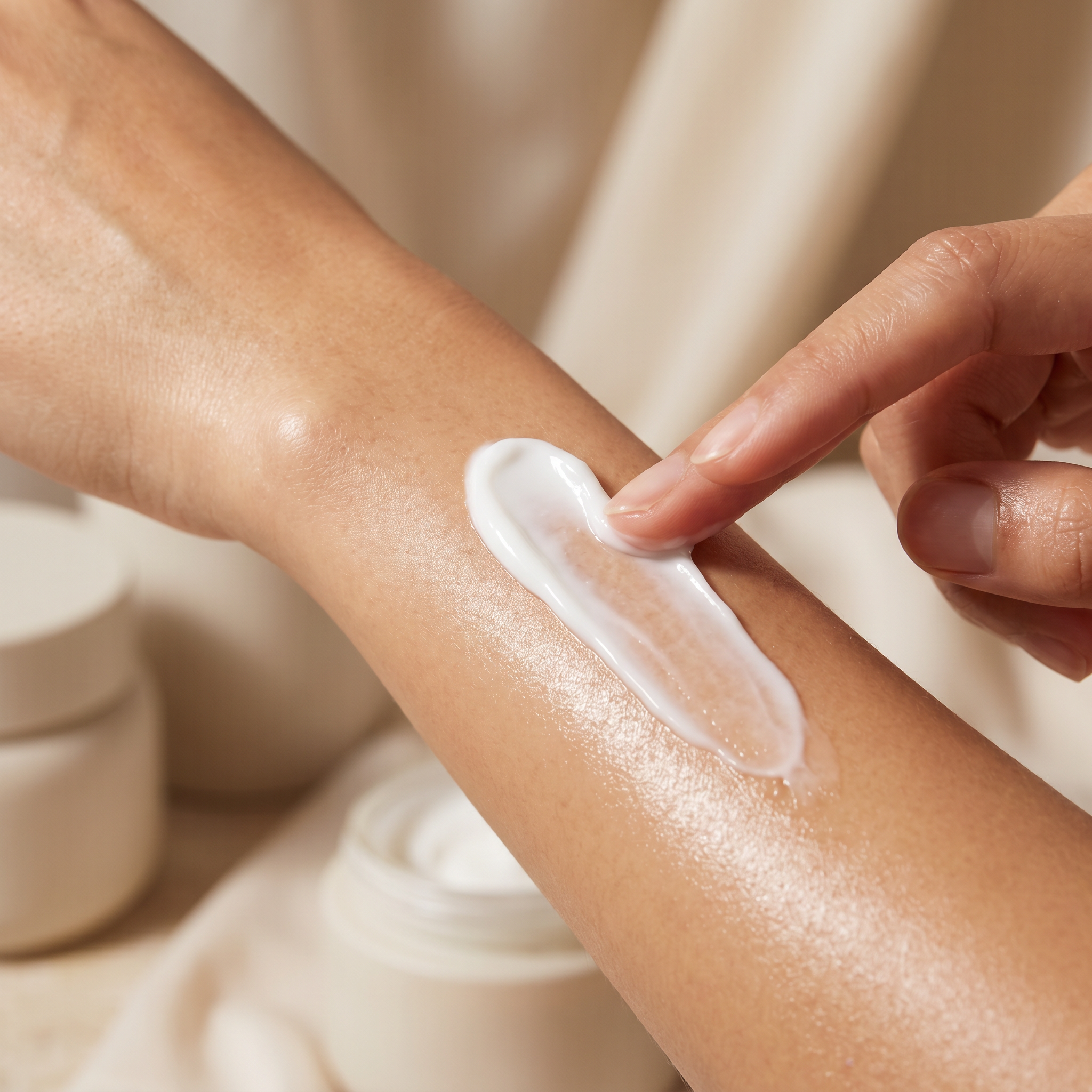 Firming body cream being smoothed onto glowing skin