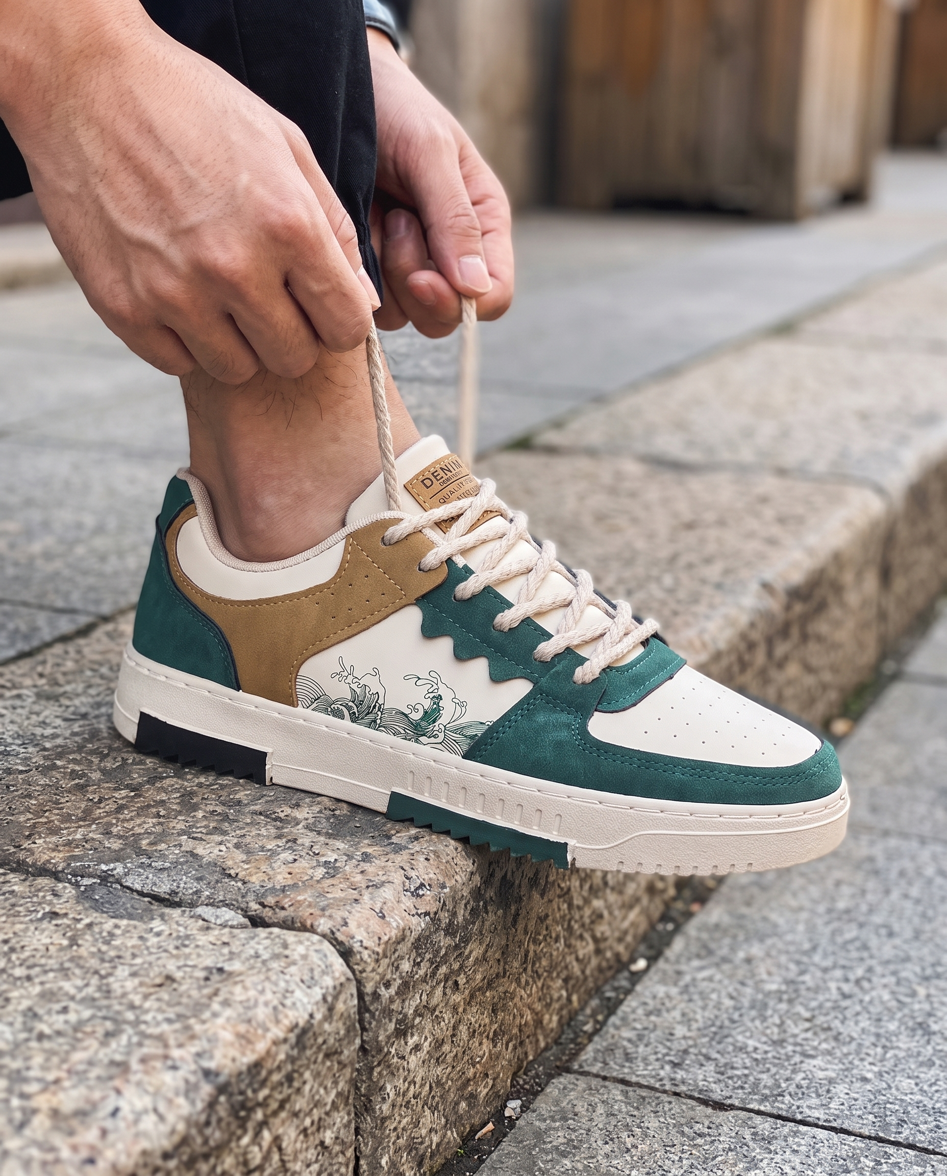 Man tying the laces of a green men's fashion sneaker on an outdoor stone step