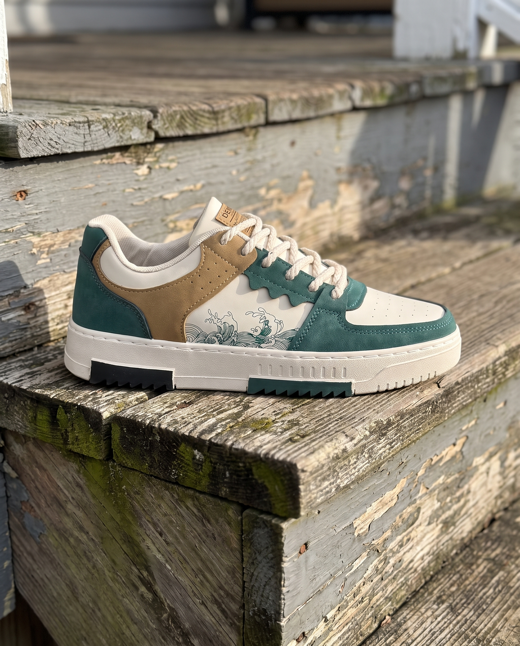 Men's green lace-up fashion sneaker, clean and pristine, on a wooden porch step in morning light