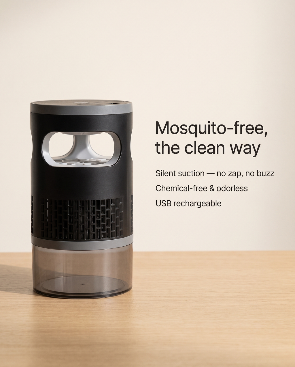 Cordless UV Mosquito Trap benefits: silent suction, chemical-free, USB rechargeable