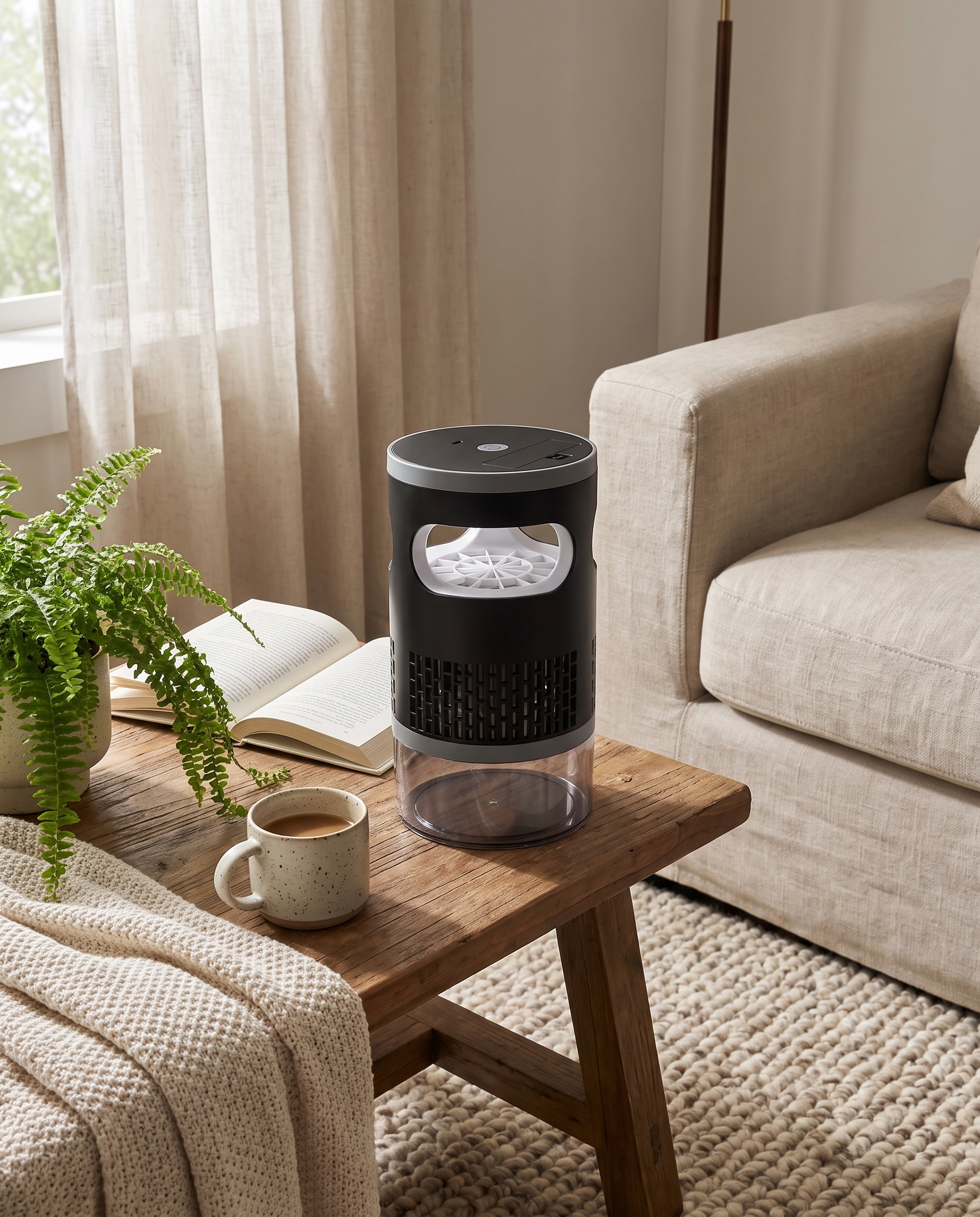 UV Mosquito Trap on a side table in a cozy, lived-in living room