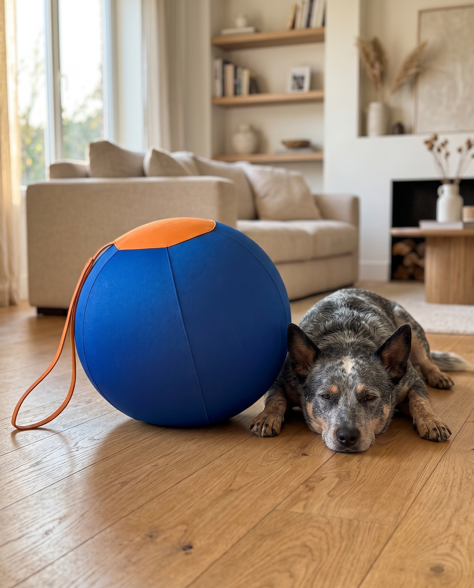 Kinetic Herding Ball on a hardwood floor with a calm Blue Heeler resting indoors