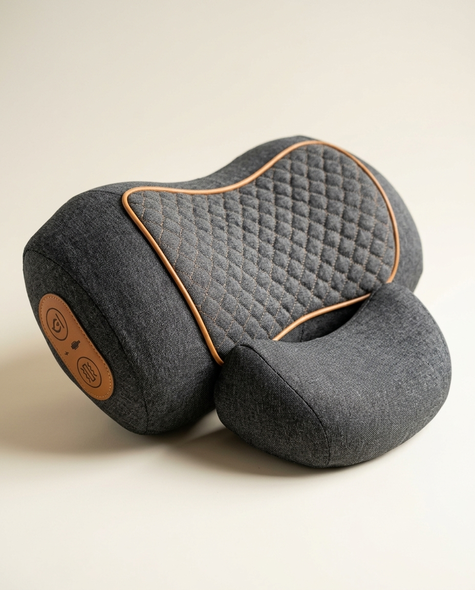 Heated Neck Massage Pillow in grey with quilted honeycomb panel and support wedge