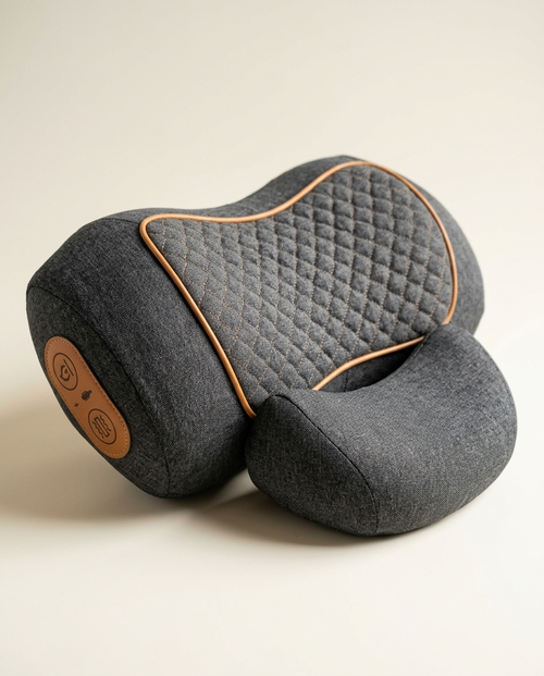 Heated Neck Massage Pillow in grey with quilted honeycomb panel and support wedge
