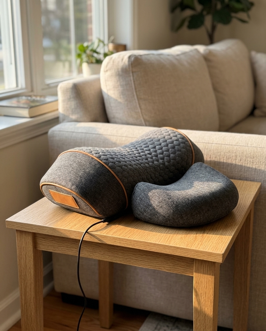 Heated Neck Massage Pillow resting on a side table in a sunlit living room
