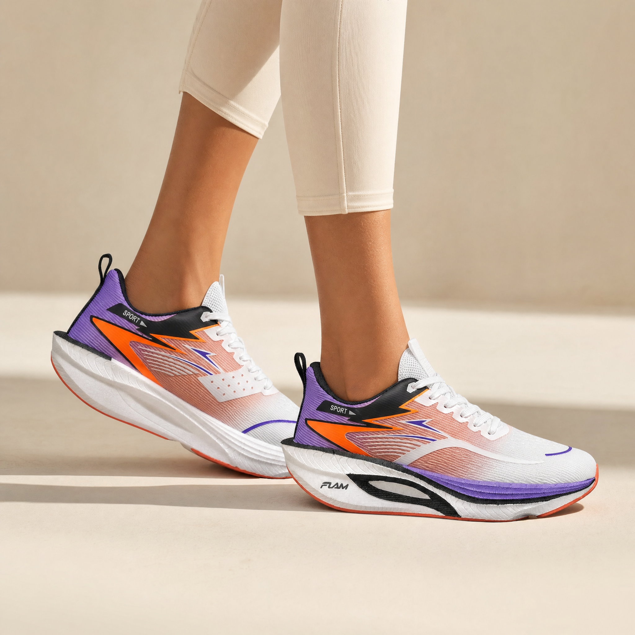 White Violet carbon plate running shoes worn, cream studio