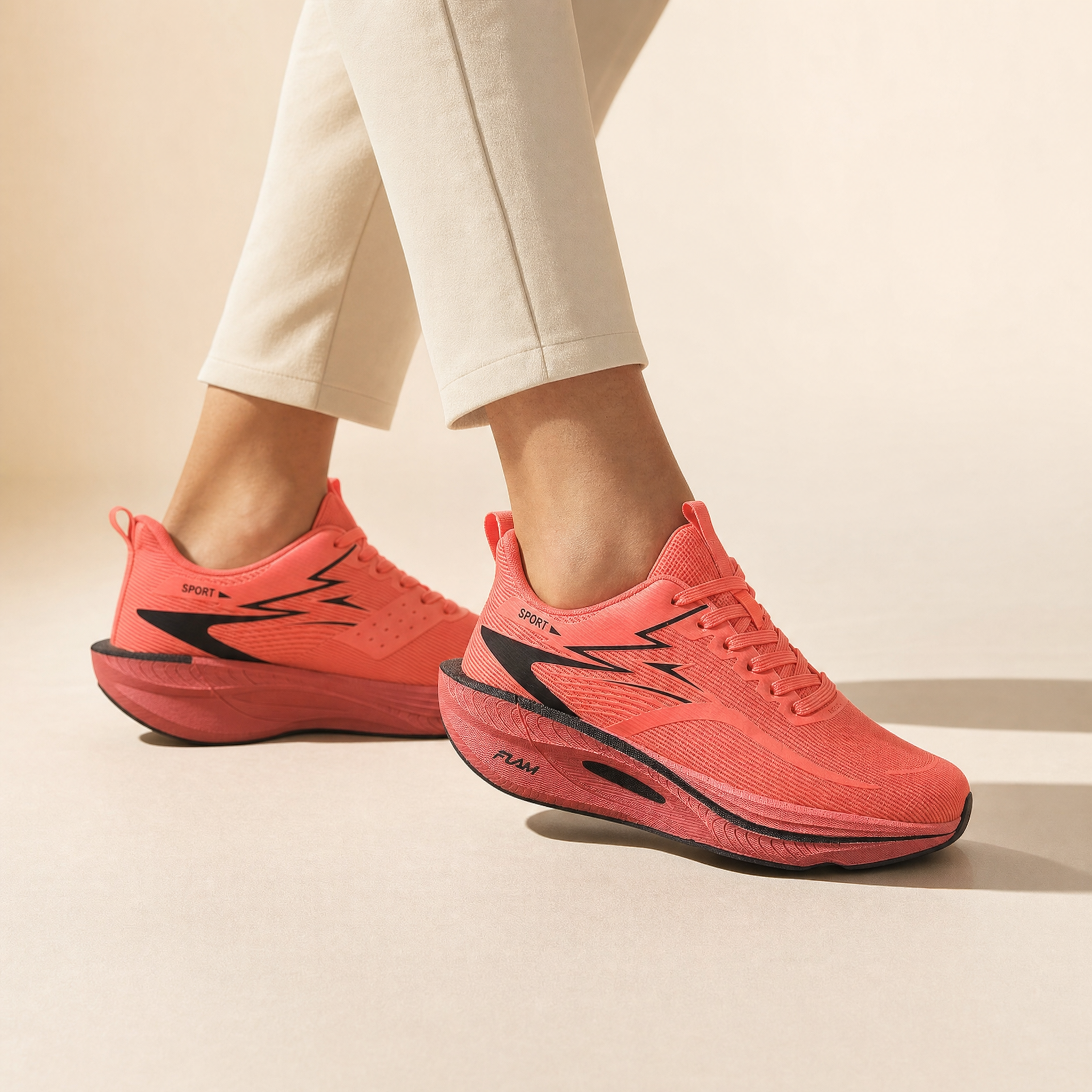 Coral Red carbon plate running shoes worn, cream studio