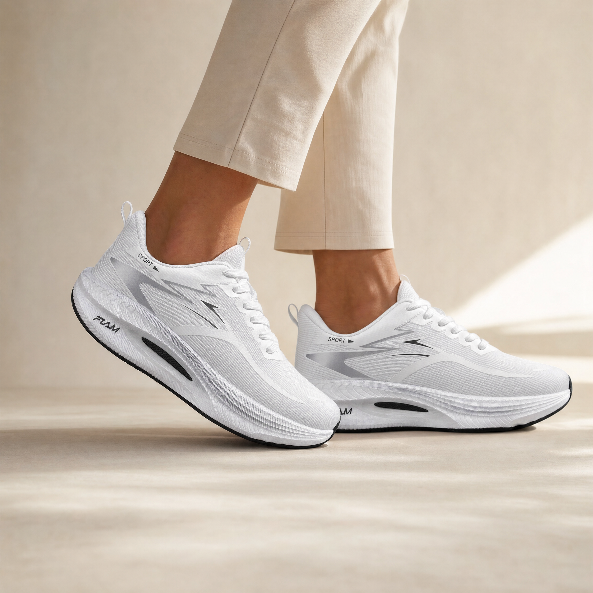 White carbon plate running shoes worn, cream studio