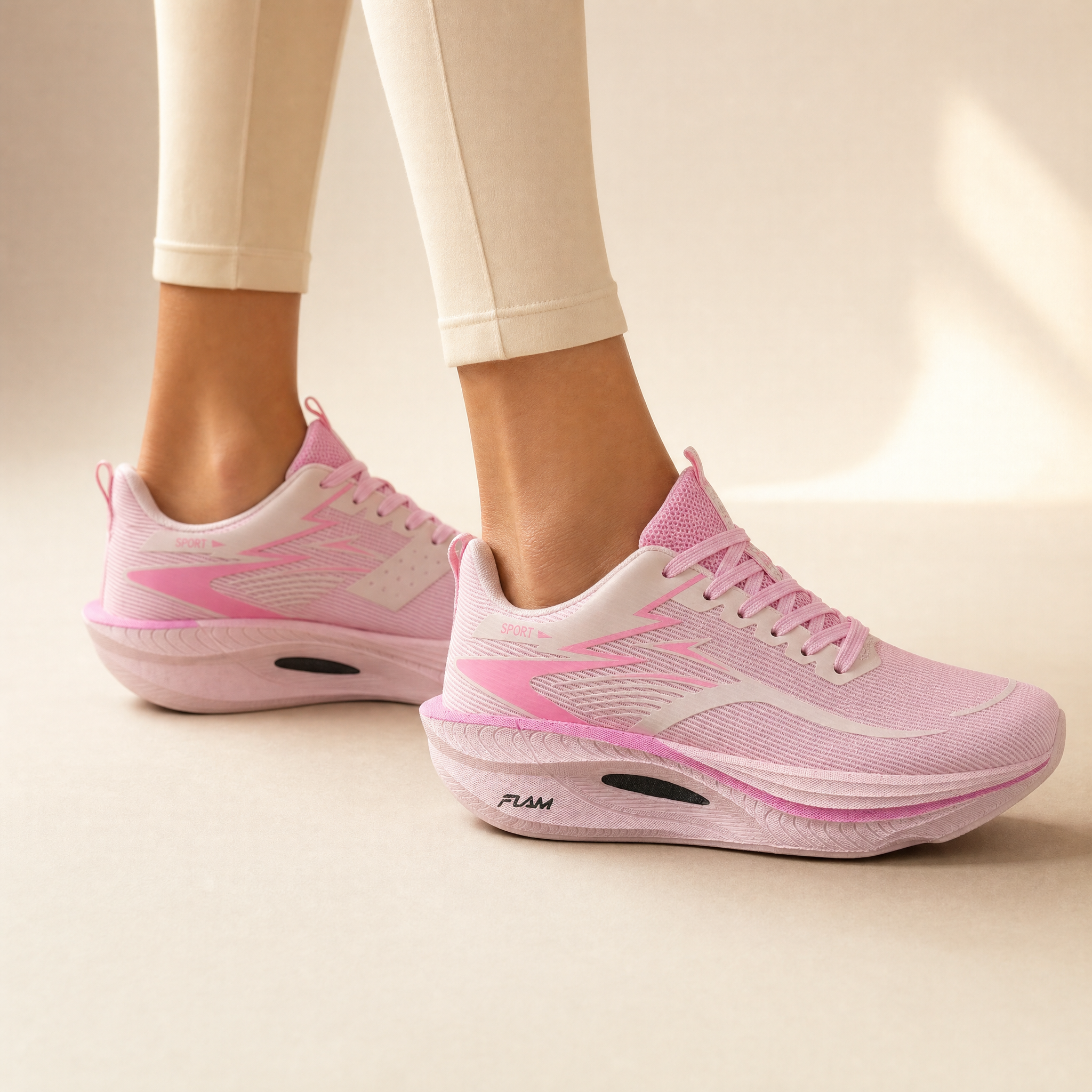 Pink carbon plate running shoes worn, cream studio