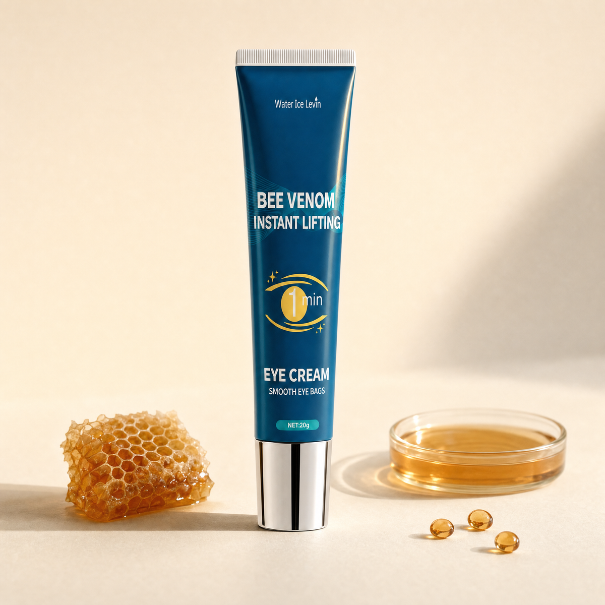 Bee Venom eye gel tube with honeycomb, amber serum and capsules