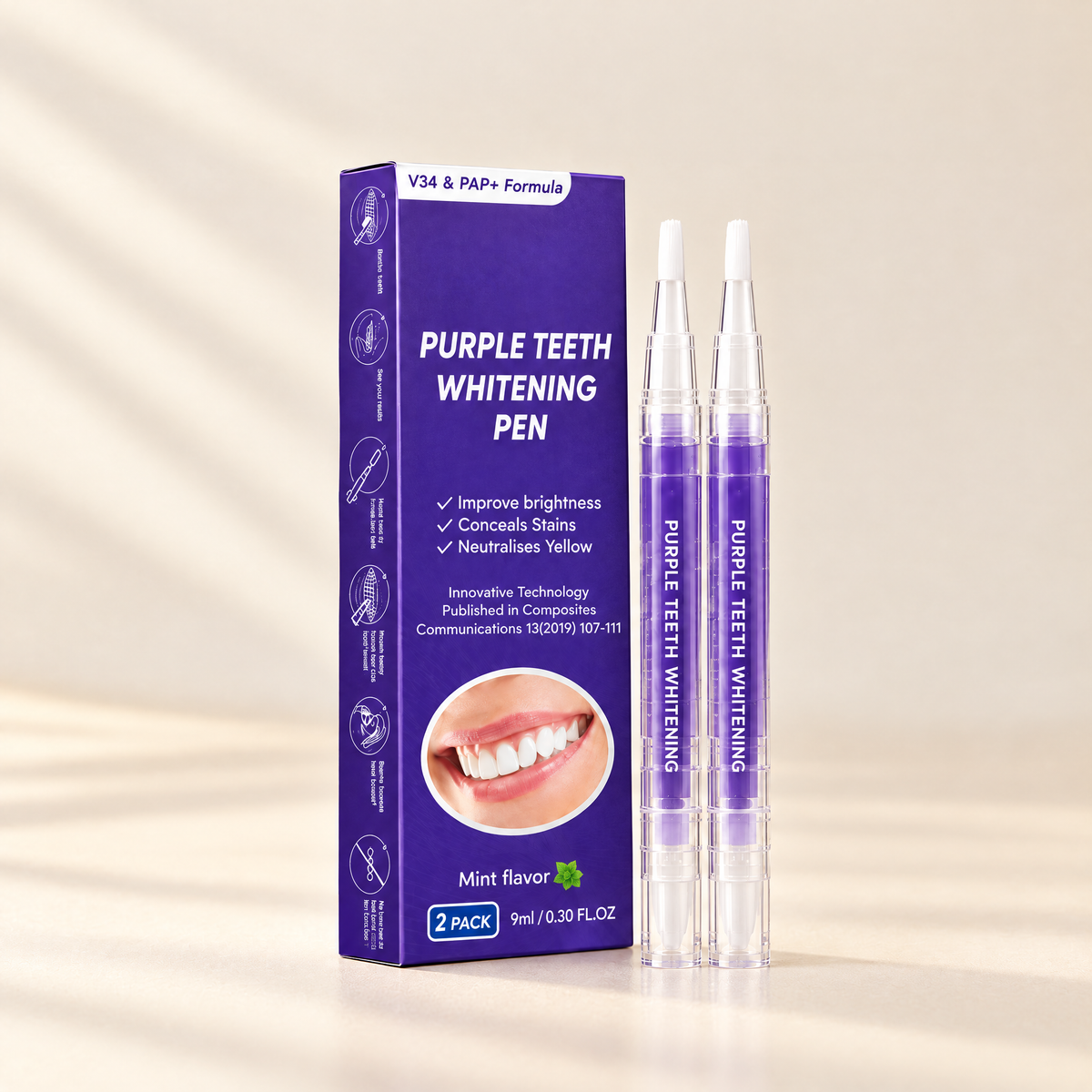 Purple teeth whitening pen 2 pack box with two pens
