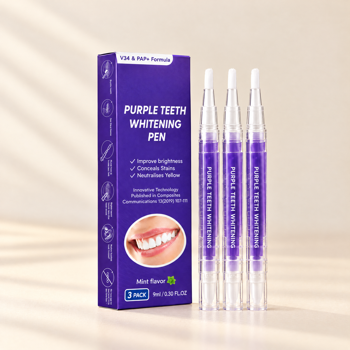 Purple teeth whitening pen 3 pack box with three pens