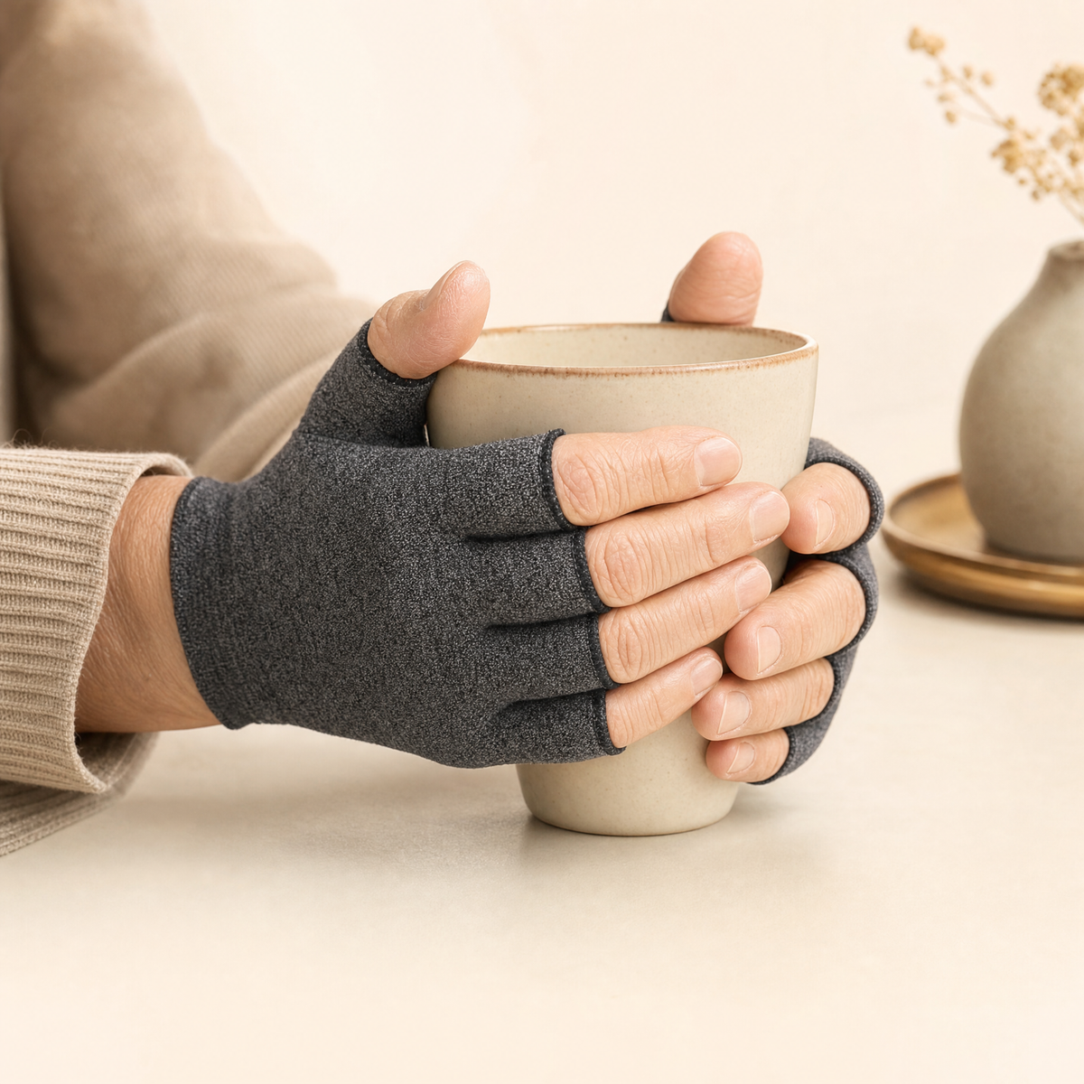 Gray arthritis compression gloves worn while holding a warm mug