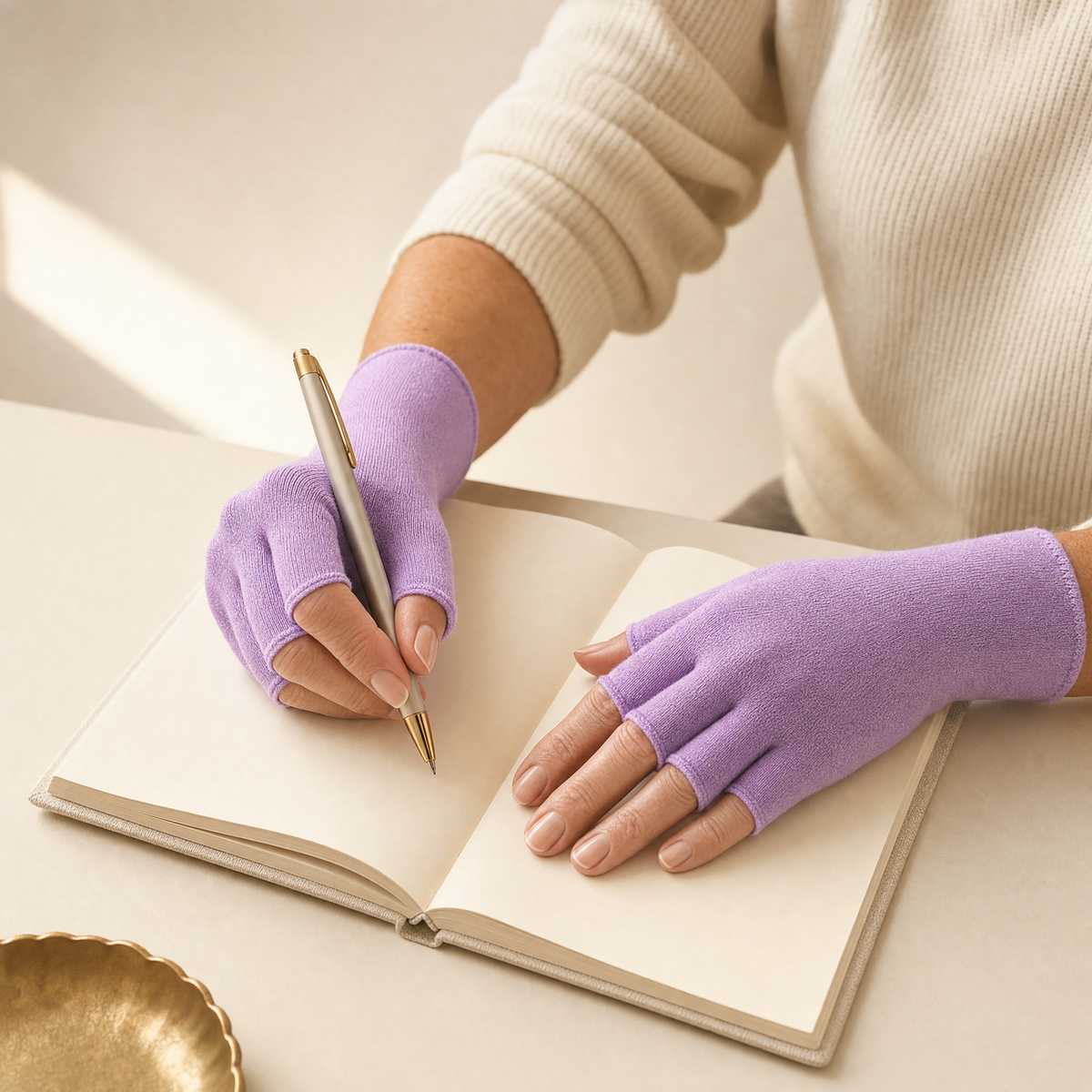 Purple open-finger compression gloves worn while writing