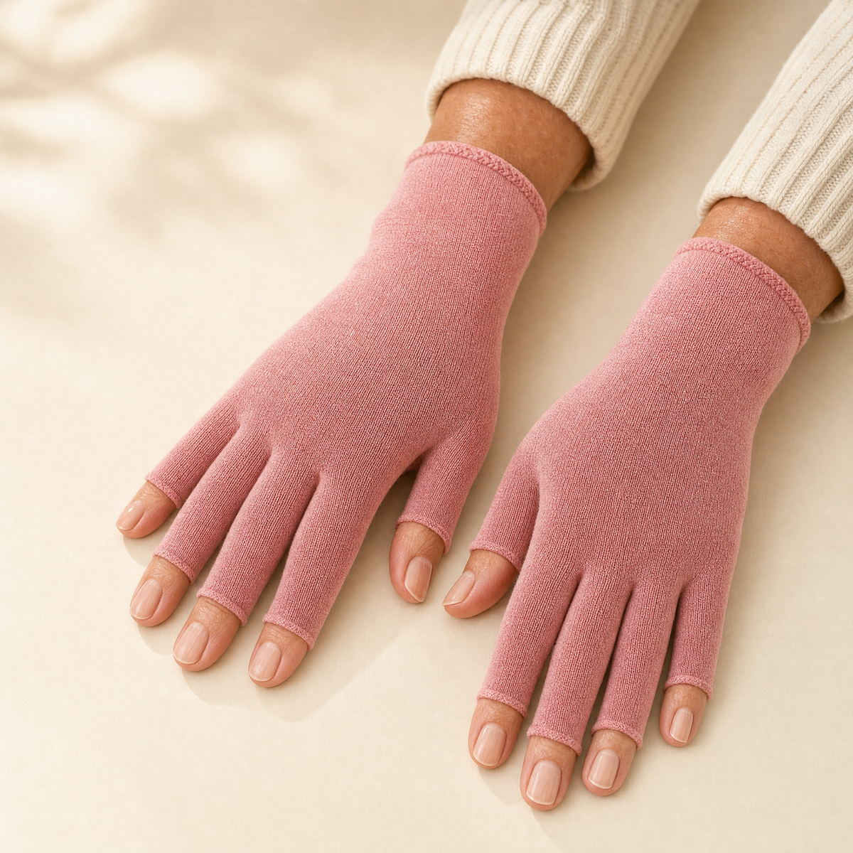 Pink arthritis compression gloves worn on both hands, open-finger design