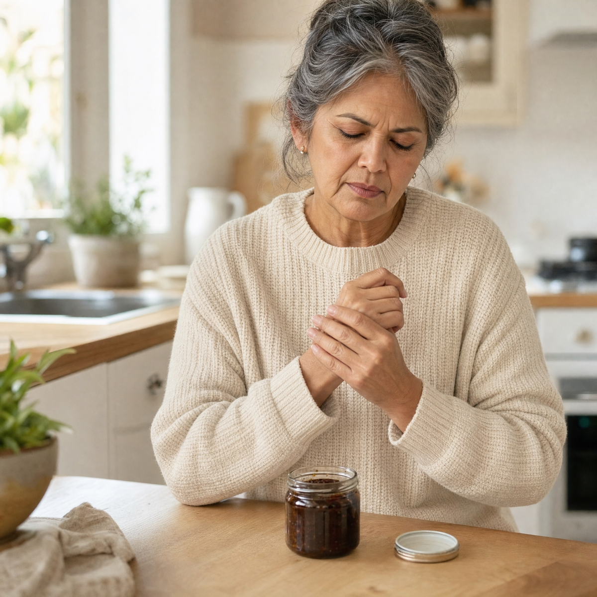 Woman rubbing stiff, achy knuckles after struggling to open a jar