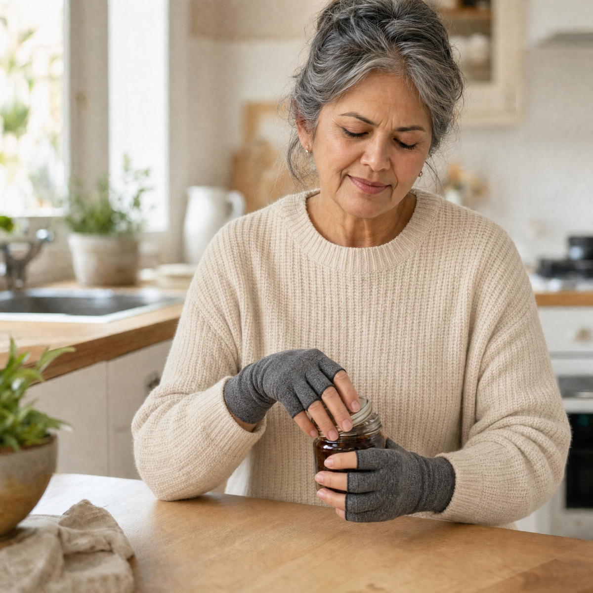 Woman comfortably opening a jar while wearing gray compression gloves