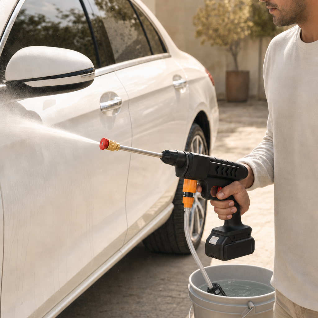 Type A car wash gun with battery, hose drawing water from a bucket