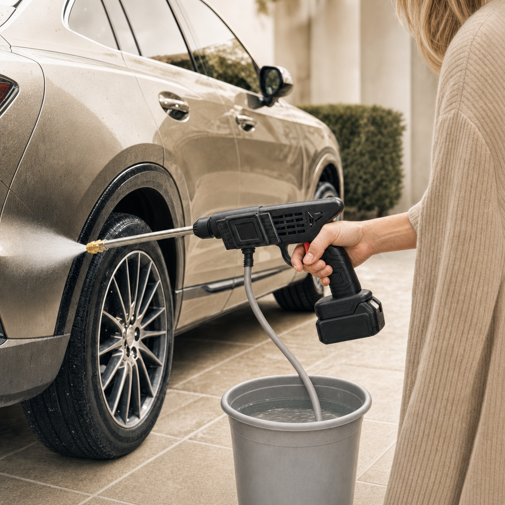 Type B car wash gun with battery cleaning a wheel from a water bucket