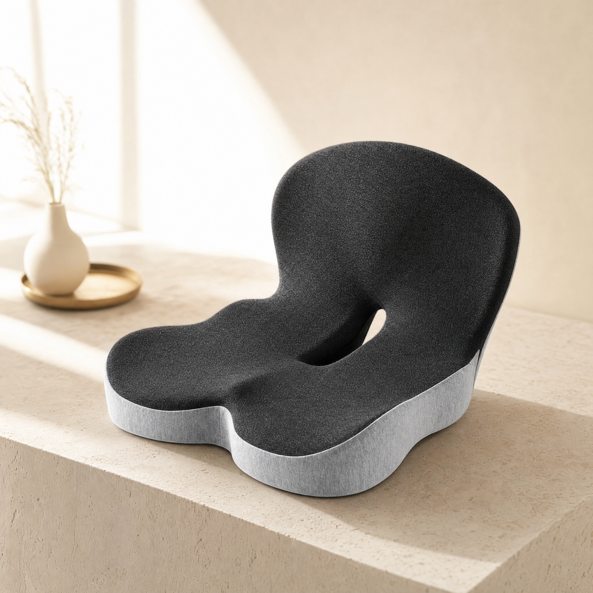 Memory foam coccyx seat cushion with lumbar support, black and grey