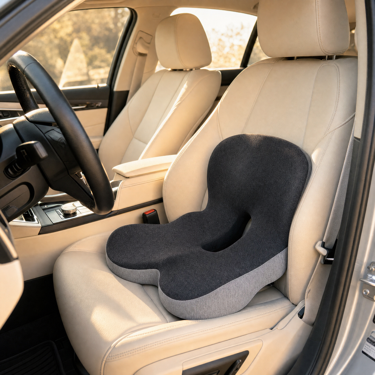 Memory foam coccyx seat cushion on a car driver's seat