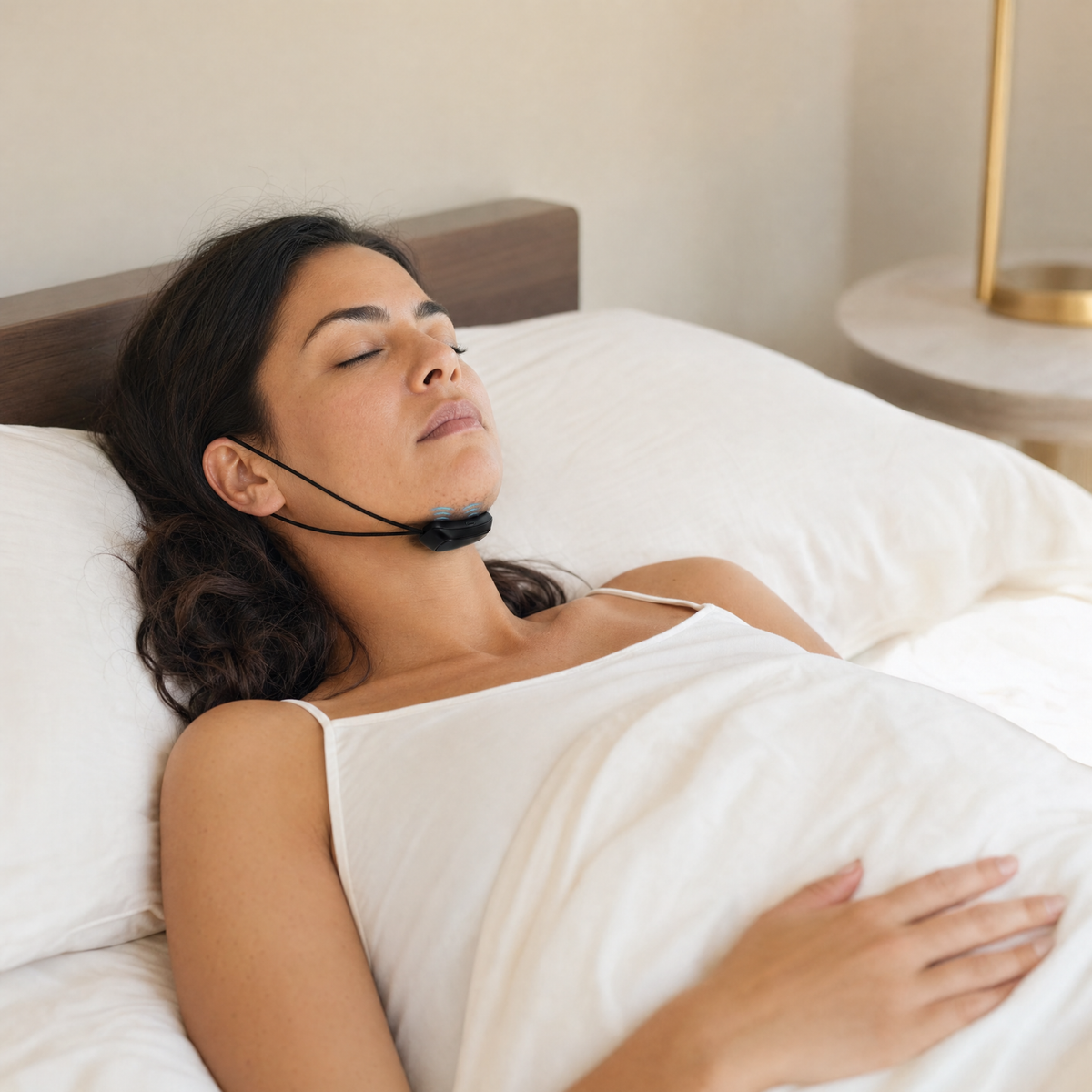 Woman sleeping comfortably wearing the smart anti-snore chin device