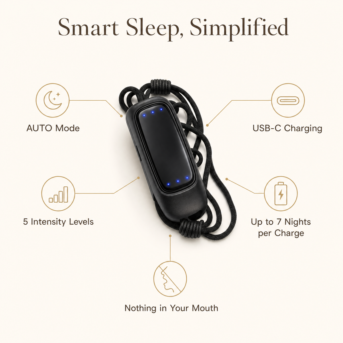 Anti-snore device features: AUTO mode, 5 intensity levels, USB-C charging, up to 7 nights per charge