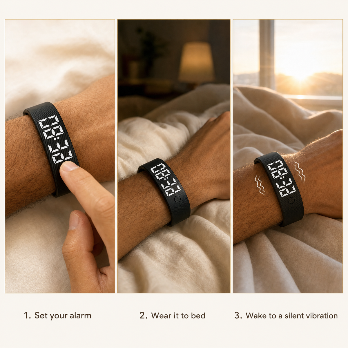How to use the vibrating alarm wristband: set your alarm, wear it to bed, wake to a silent vibration